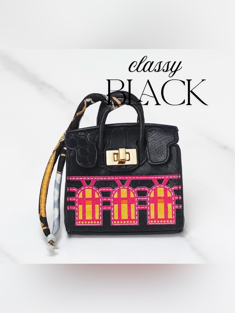 Black Top-Handle Mini Bag Keychain Charm with Pink & Yellow Fabric wristlet